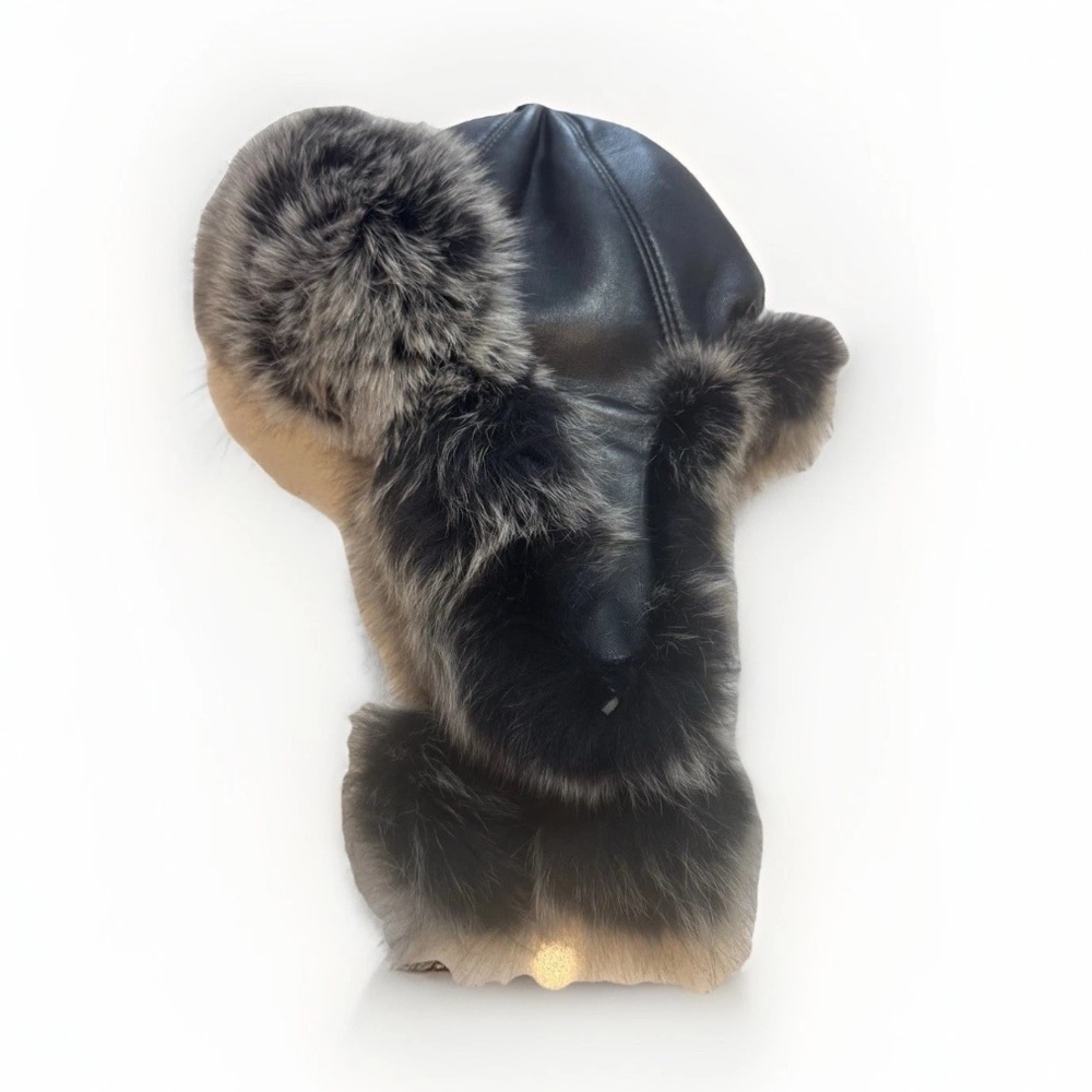 Overland Women’s Lambskin Black Leather Trapper Hat With Fox Fur Lining Size M